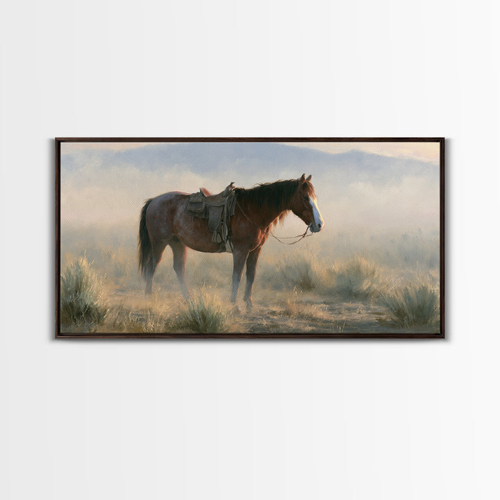 Horse in Misty Pasture with Peaceful Mood Canvas Print, Equestrian Art, Statement Artwork, Living Room Decor, Equestrian, EQU-2x1-20