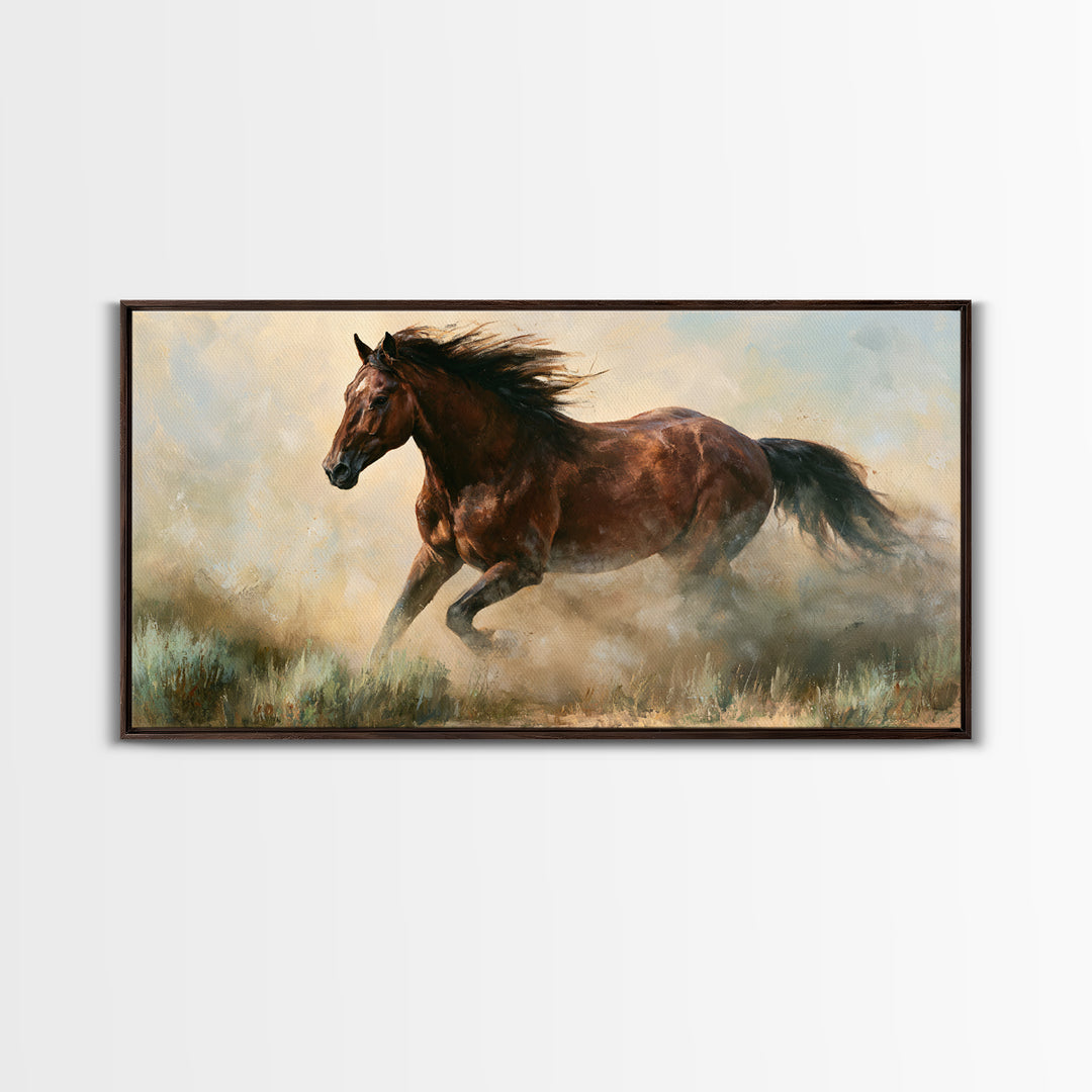 Galloping Horse in Golden Dust and Sunlight Canvas Print, Equestrian Art, Wall Art, Living Room Decor, Oil Painting, Equestrian, EQU-2x1-21