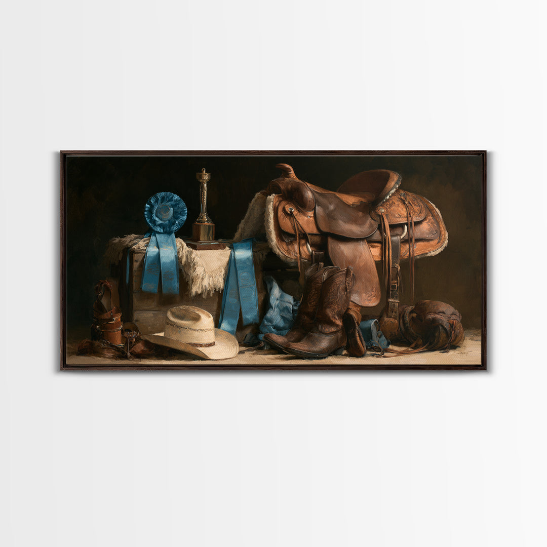 Blue Ribbon and Saddle Competition Still Life Canvas Print, Equestrian Art, Minimalist Decor, Living Room Decor, Equestrian, EQU-2x1-37