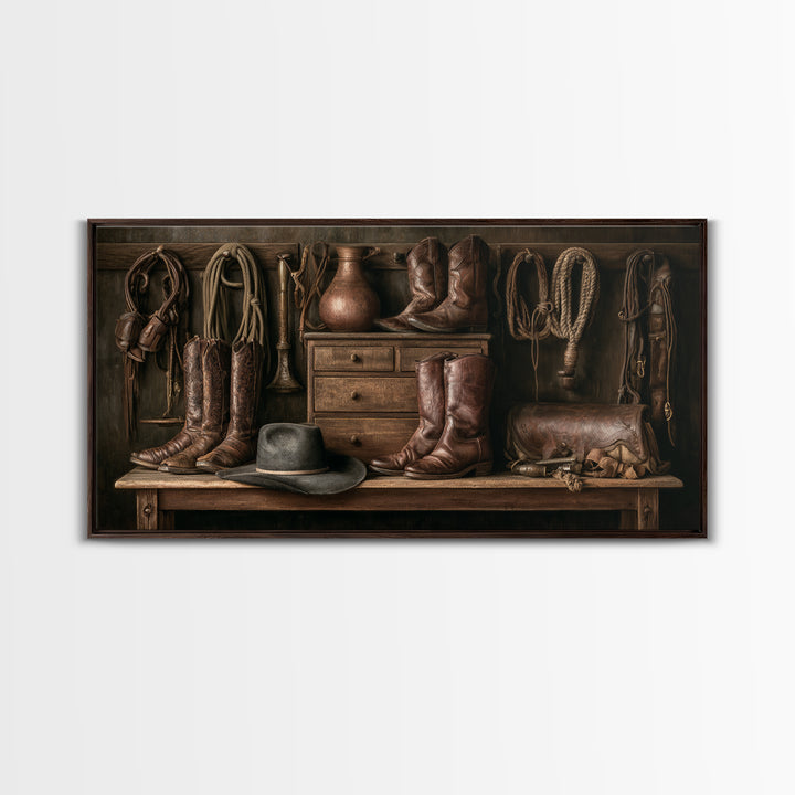Stable Tools Arranged Like Old Master Still Framed Canvas Print, Equestrian Art, Retro Poster, Living Room Decor, Equestrian, EQU-2x1-67