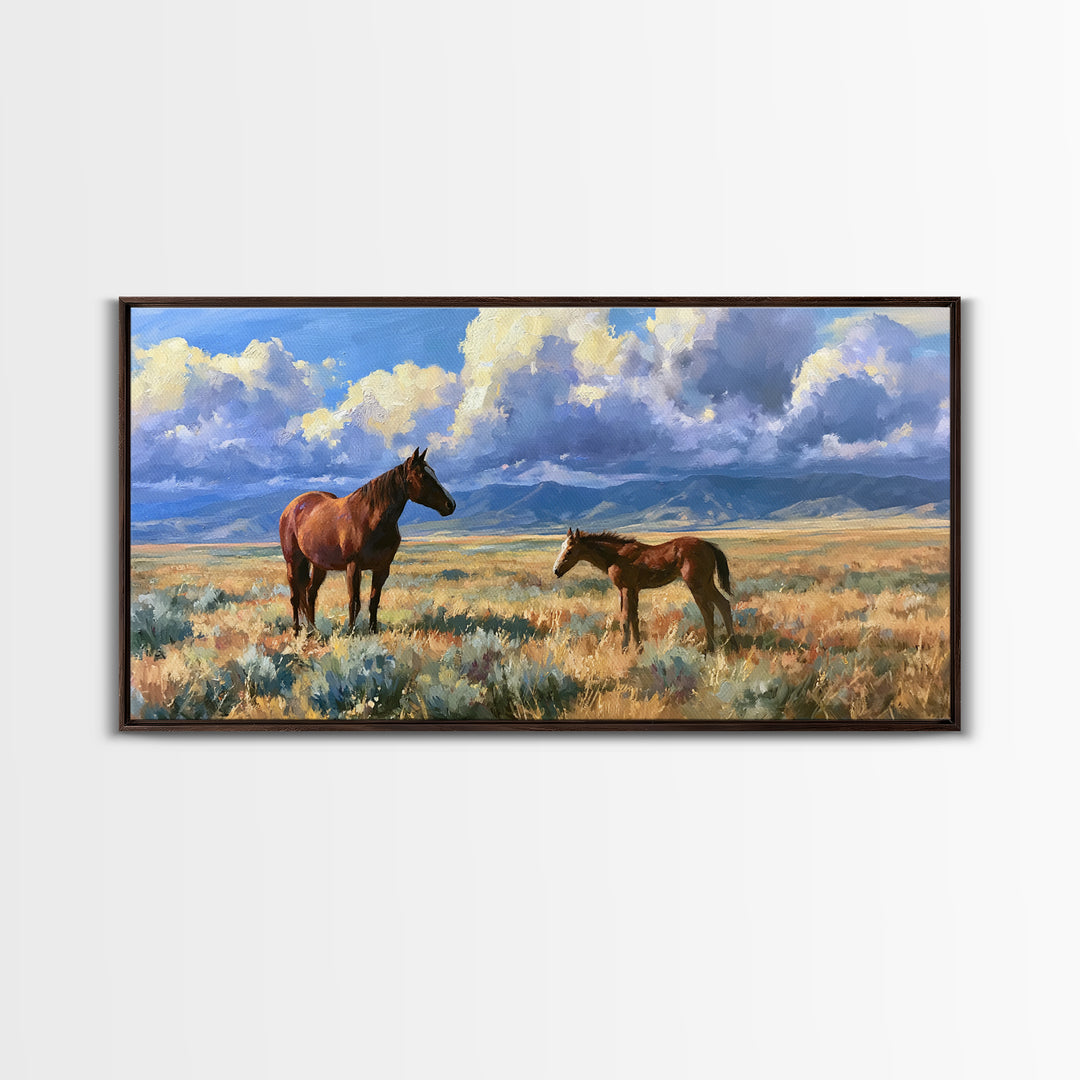 Horse and Foal Framed Canvas Print, Equestrian Art, Modern Wall Art, Living Room Decor, Oil Painting, Equestrian, Western Art, EQU-2x1-80