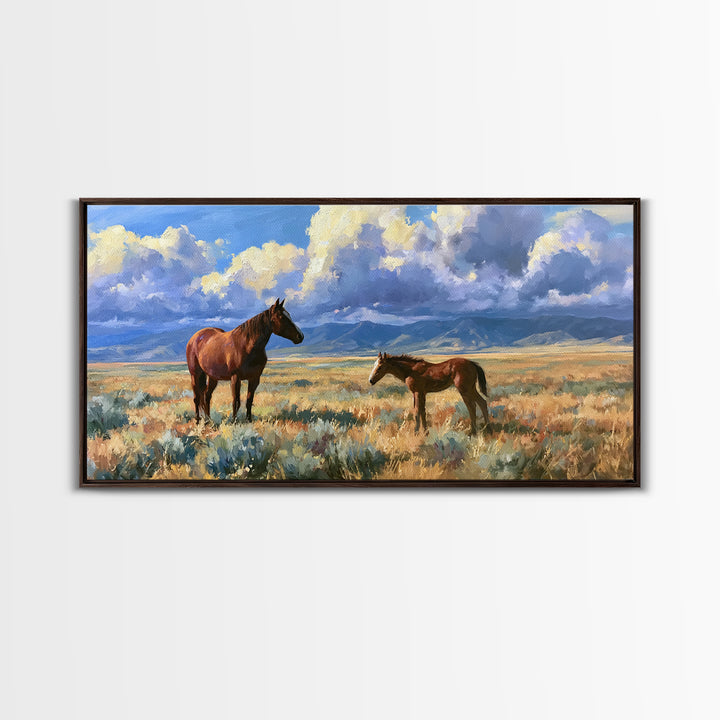 Horse and Foal Framed Canvas Print, Equestrian Art, Modern Wall Art, Living Room Decor, Oil Painting, Equestrian, Western Art, EQU-2x1-80