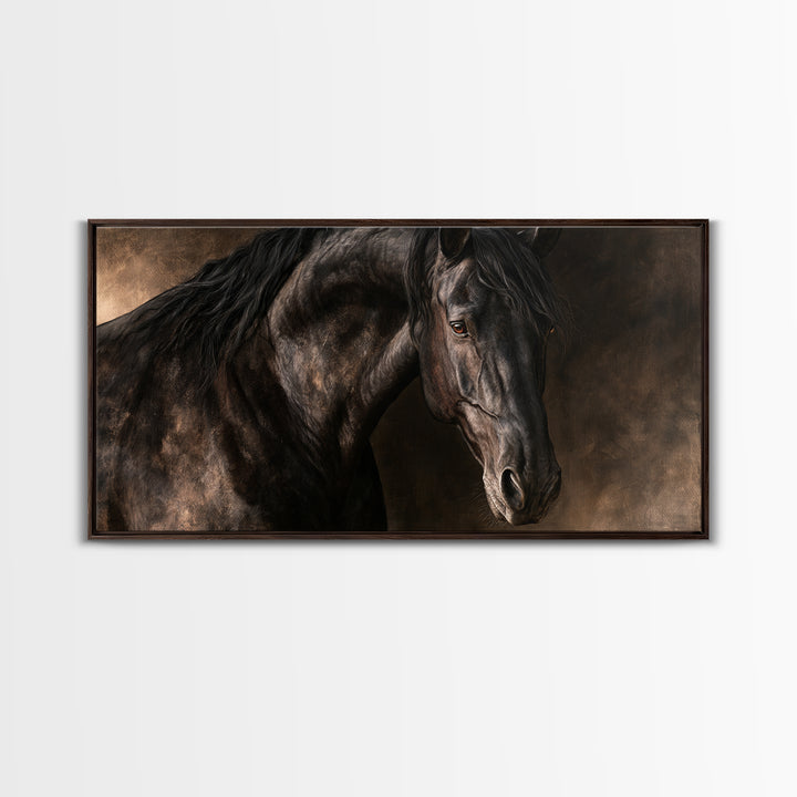 Black Horse Portrait on Deep Charcoal Background Canvas Print, Equestrian Art, Wall Decor, Living Room Decor, Equestrian, EQU-2x1-94