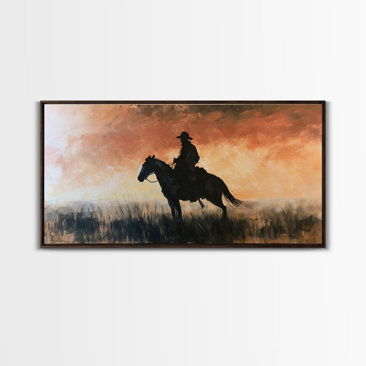 Equestrian Rider Silhouette at Sunrise Framed Canvas Print, Equestrian Art, Western Art, Living Room Decor, Equestrian, EQU-2x1-95