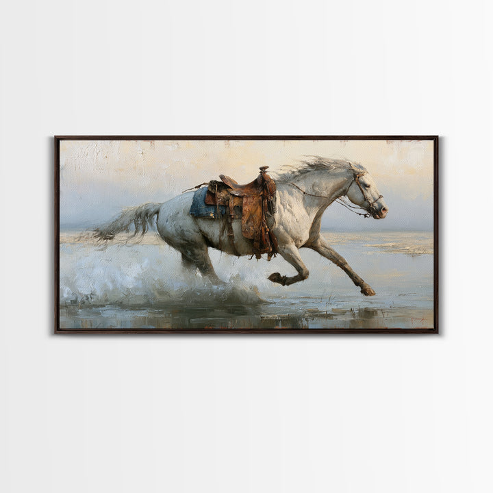 White Horse Running Through Shallow Water Framed Canvas Print, Equestrian Art, Living Room Decor, Fine Art, Equestrian, EQU-2x1-97