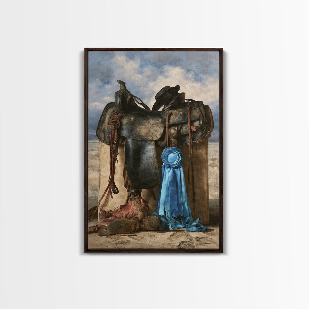 Blue Ribbon and Saddle Competition Still Life Framed Canvas Print, Equestrian Art, Wall Art, Living Room Decor, Equestrian, EQU-2x3-1