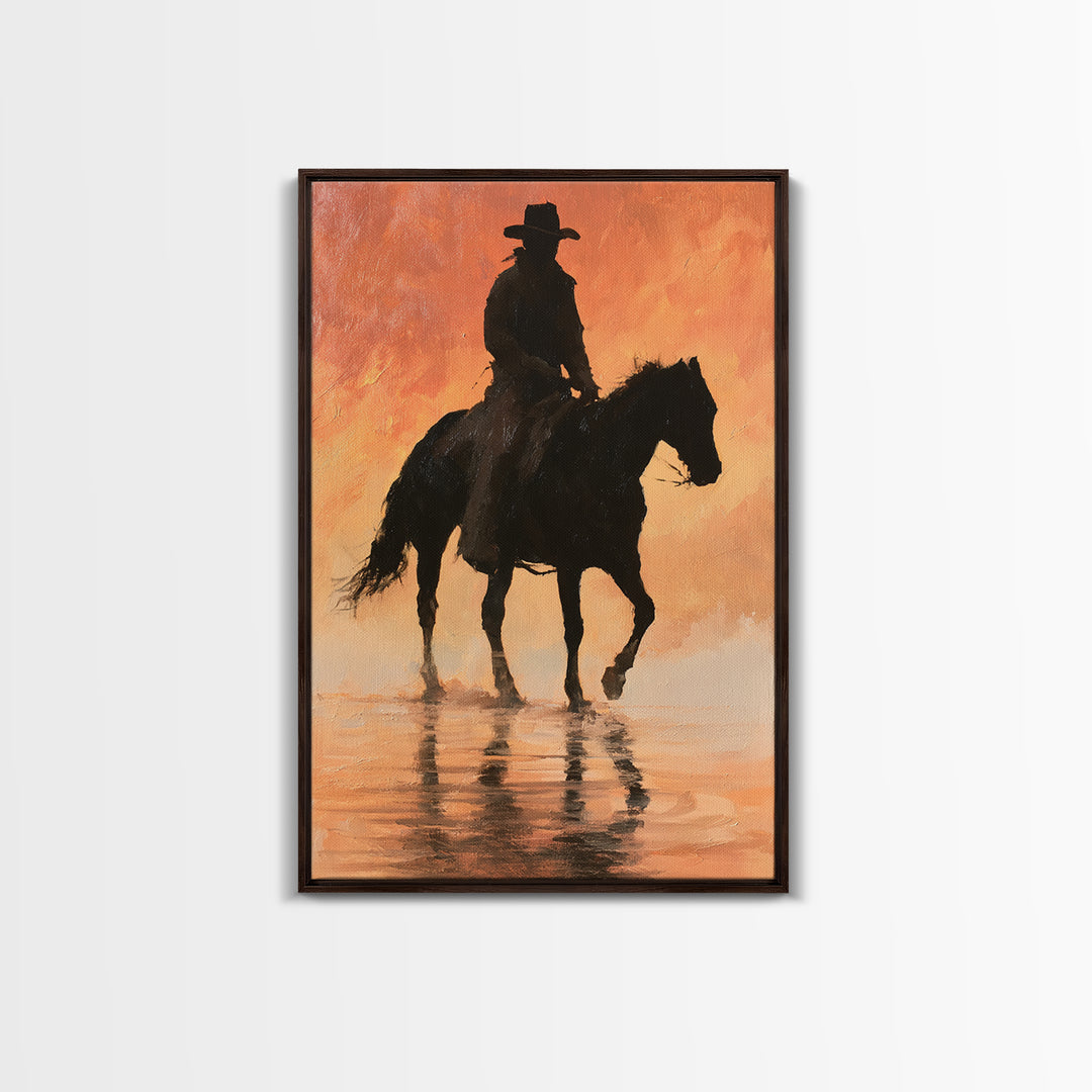 Equestrian Rider Silhouette at Sunrise Canvas Print, Equestrian Art, Antique Oil Painting, Living Room Decor, Abstract Art, EQU-2x3-11
