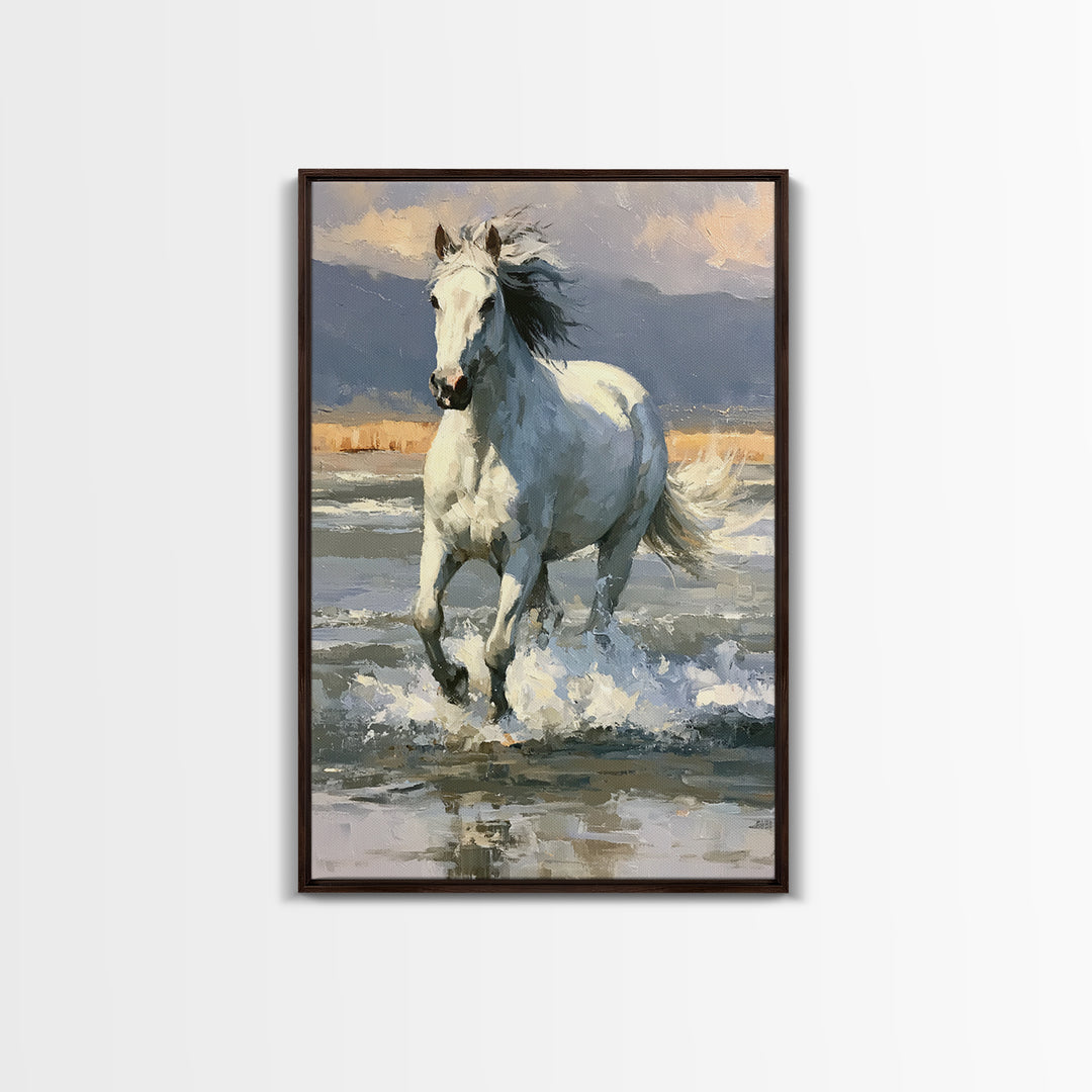 White Horse Running Through Shallow Water Canvas Print, Equestrian Art, Digital Print, Living Room Decor, Fine Art, Equestrian, EQU-2x3-61