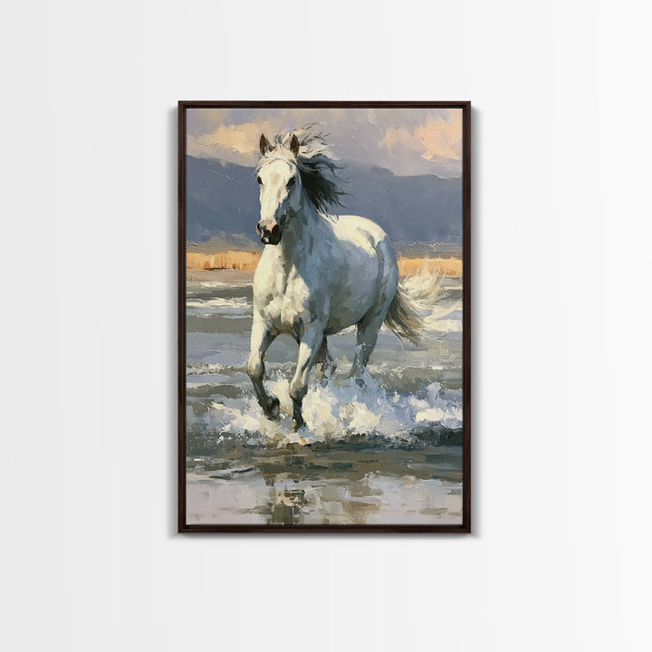 White Horse Running Through Shallow Water Canvas Print, Equestrian Art, Digital Print, Living Room Decor, Fine Art, Equestrian, EQU-2x3-61