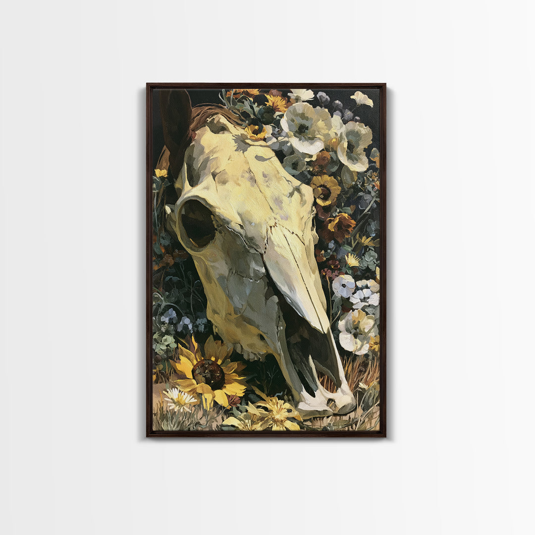 Horse Skull with Desert Flowers in Western Canvas Print, Equestrian Art, Living Room Decor, Equestrian, Farmhouse Wall Art, EQU-2x3-77