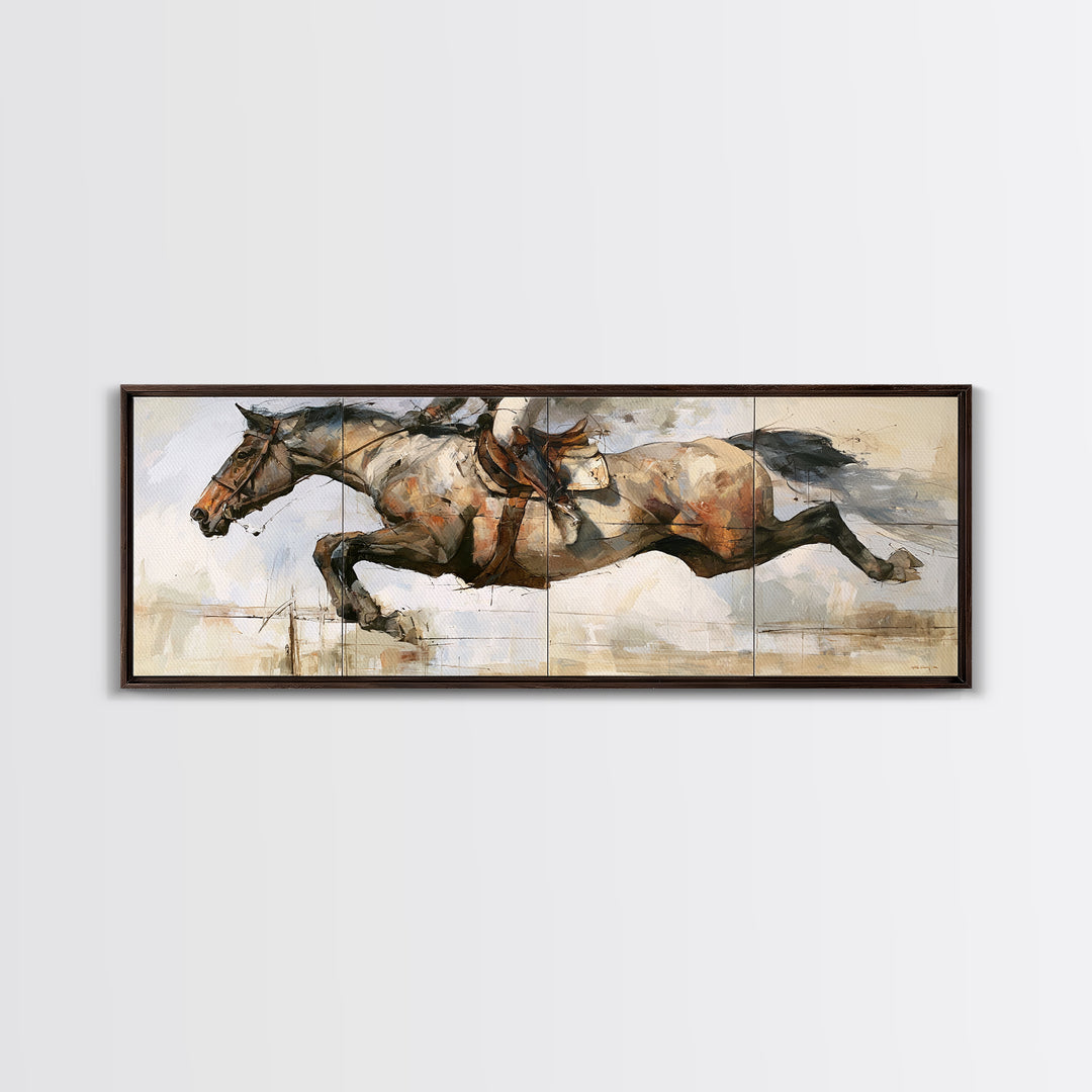 Show Jumping Horse Mid Leap Framed Canvas Print, Equestrian Art, Boho Decor, Living Room Decor, Fine Art, Equestrian, EQU-3x1-23