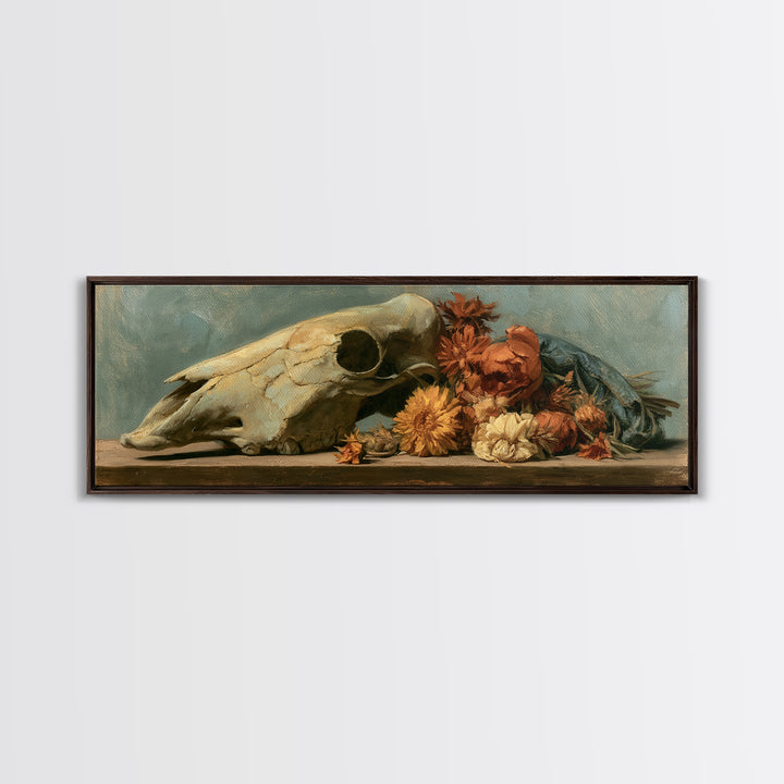 Horse Skull with Desert Flowers in Western Canvas Print, Equestrian Art, Modern Wall Art, Living Room Decor, Equestrian, EQU-3x1-37