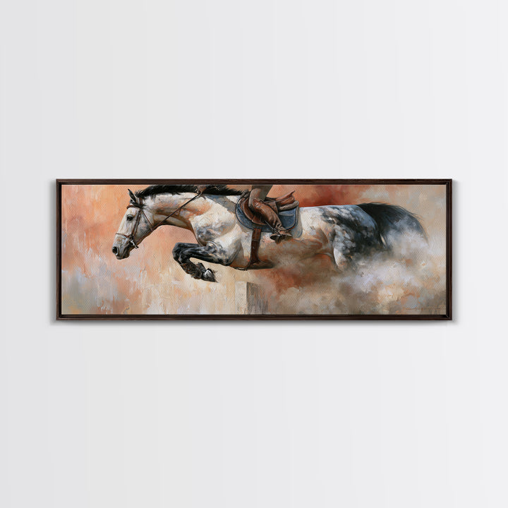 Show Jumping Horse Mid Leap Framed Canvas Print, Equestrian Art, Wall Decor, Living Room Decor, Oil Painting, Equestrian, EQU-3x1-47