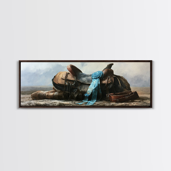 Blue Ribbon and Saddle Competition Still Life Canvas Print, Equestrian Art, Moody Wall Art, Living Room Decor, Equestrian, EQU-3x1-57