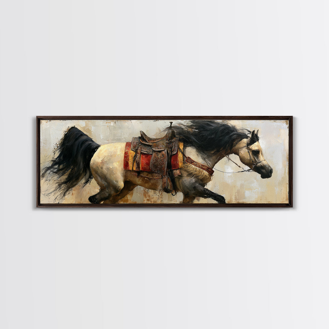 Arabian Horse with Ornate Tack and Silk Framed Canvas Print, Equestrian Art, Neutral Decor, Living Room Decor, Equestrian, EQU-3x1-7