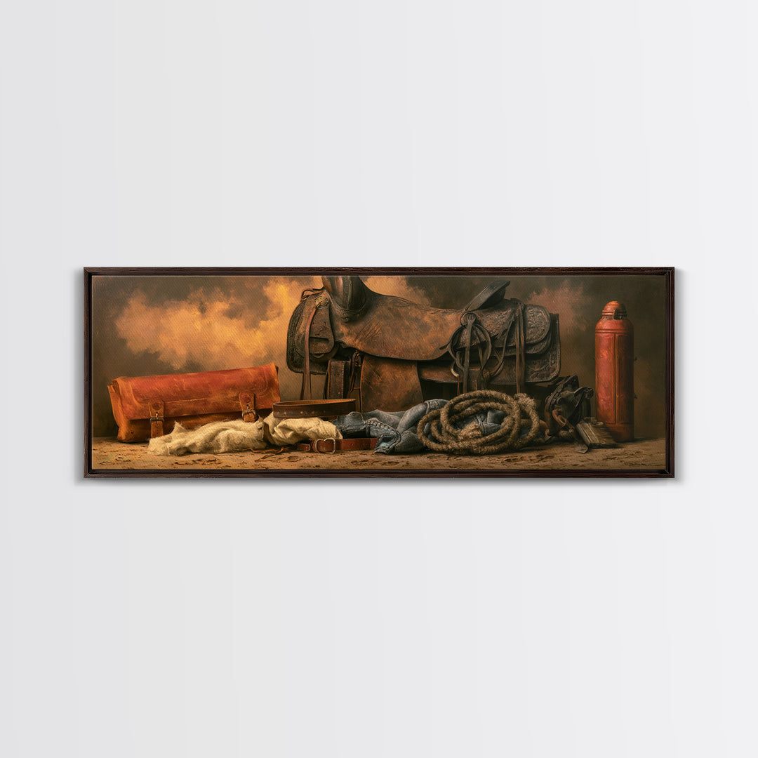 Stable Tools Arranged Like Old Master Still Framed Canvas Print, Equestrian Art, Large Wall Art, Living Room Decor, Equestrian, EQU-3x1-87