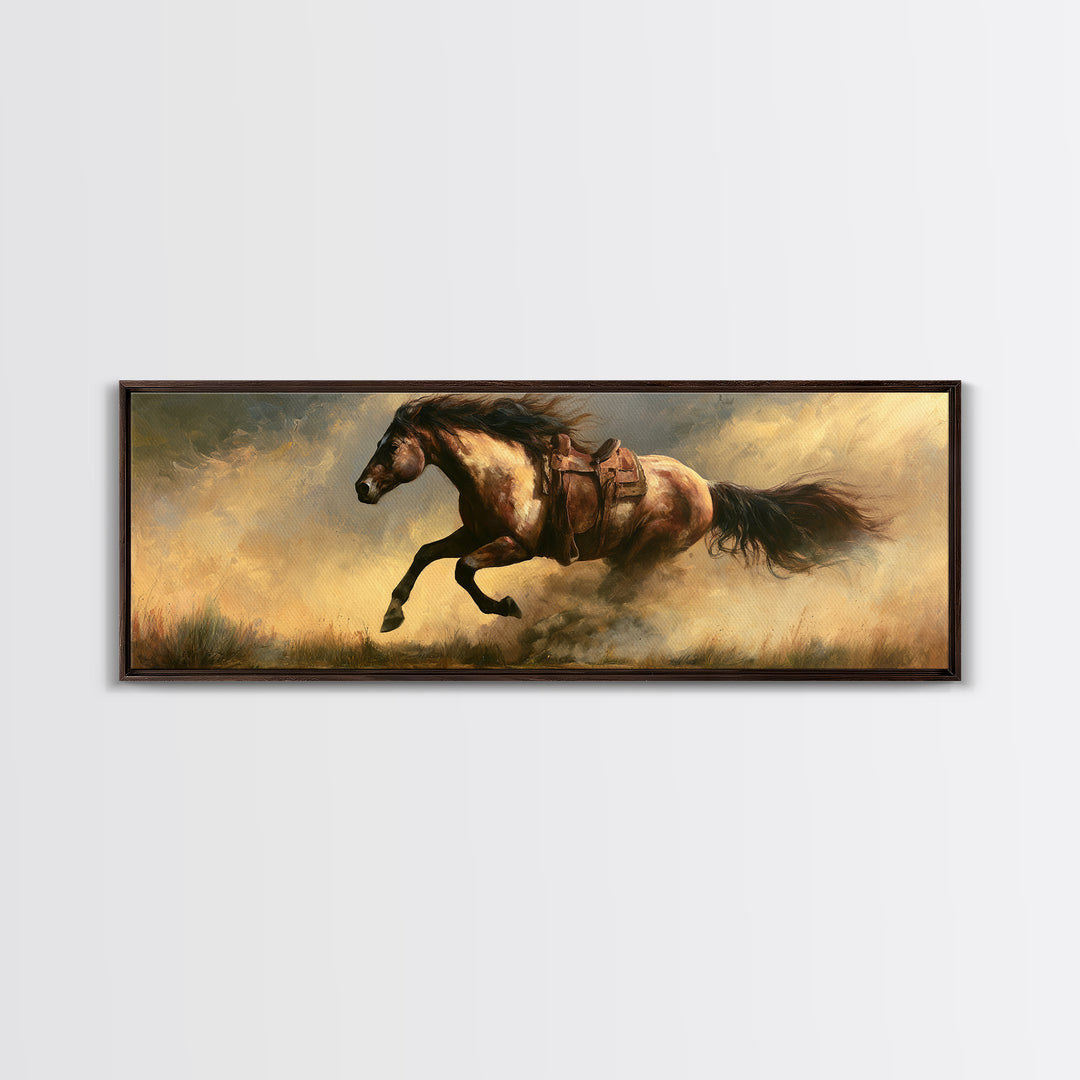 Galloping Horse in Golden Dust and Sunlight Canvas Print, Equestrian Art, Western Art, Living Room Decor, Equestrian, EQU-3x1-89