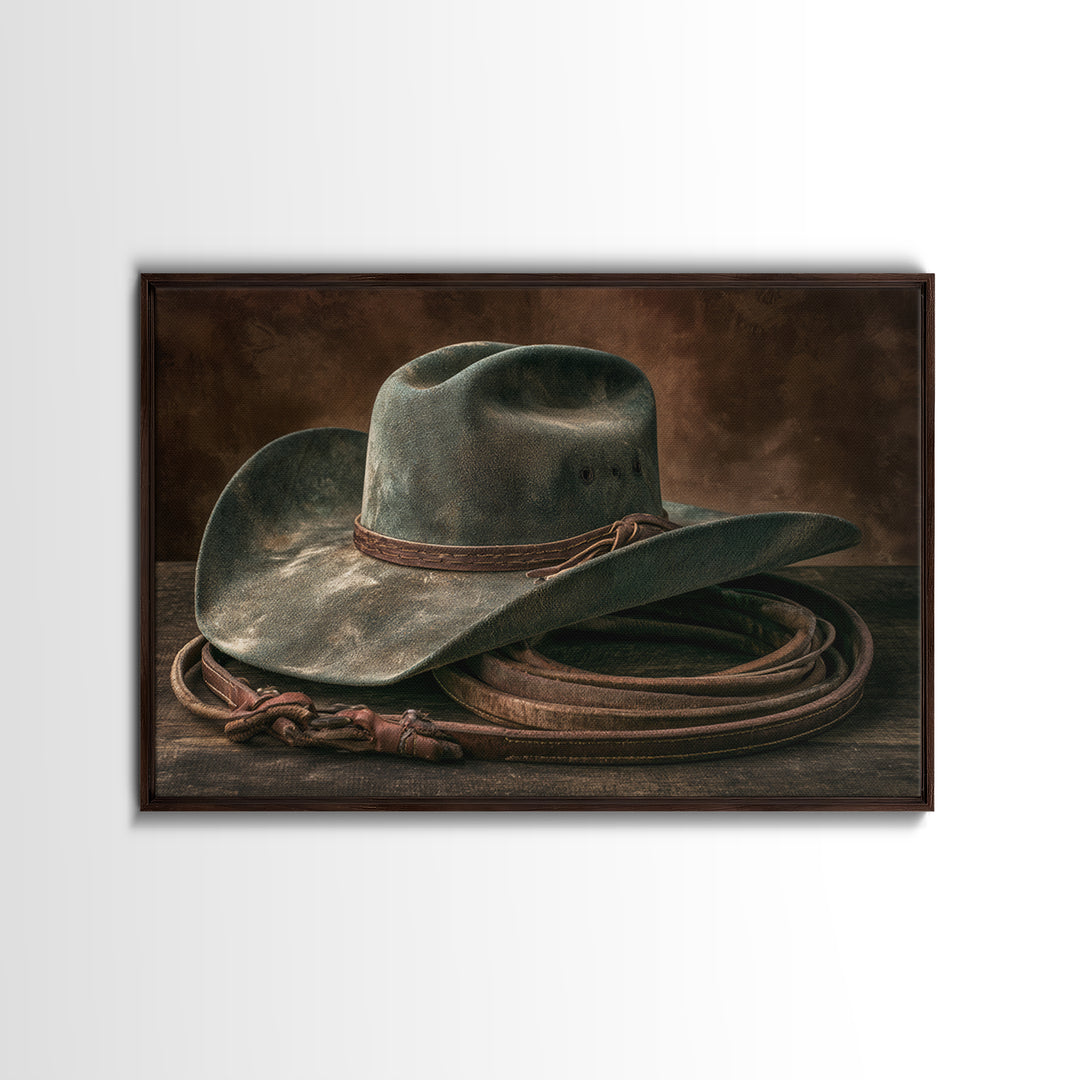 Cowgirl Hat and Reins Still Life Framed Canvas Print, Equestrian Art, Digital Print, Living Room Decor, Fine Art, Equestrian, EQU-3x2-15