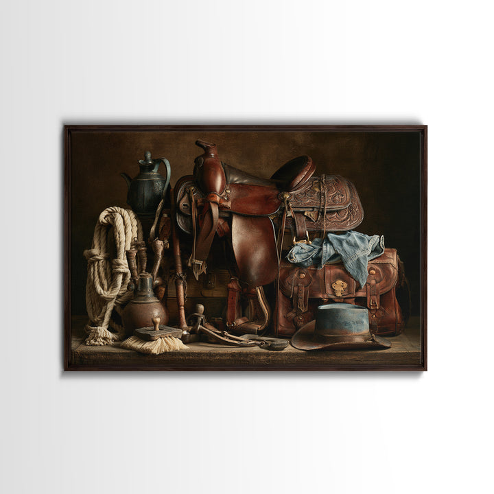 Stable Tools Arranged Like Old Master Still Canvas Print, Equestrian Art, Boho Wall Art, Living Room Decor, Equestrian, EQU-3x2-3
