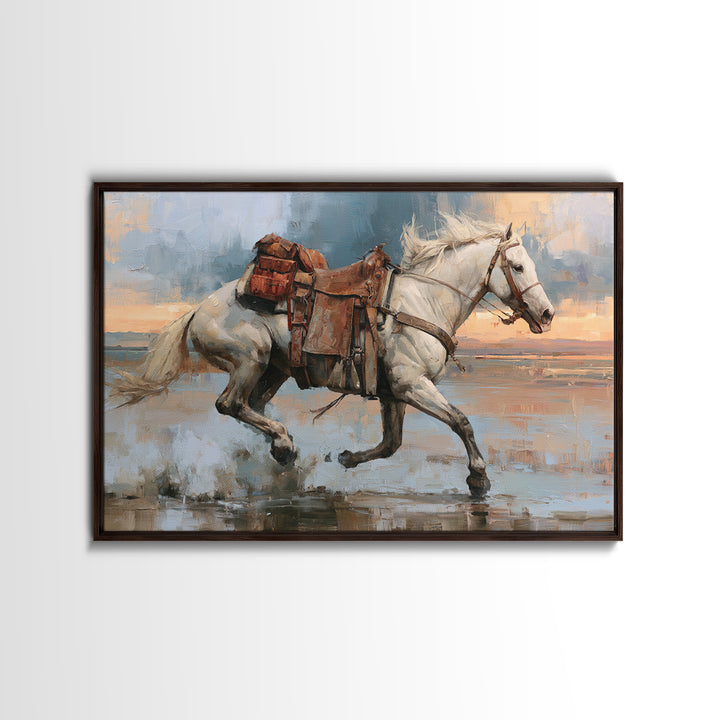 White Horse Running Through Shallow Water Canvas Print, Equestrian Art, Cabin Decor, Living Room Decor, Fine Art, Equestrian, EQU-3x2-33