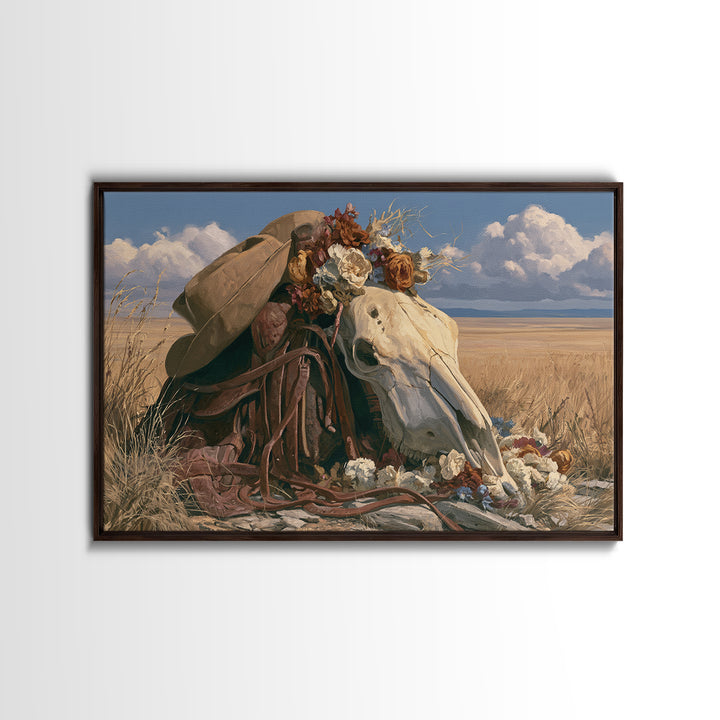 Horse Skull with Desert Flowers in Western Canvas Print, Equestrian Art, French Country Decor, Living Room Decor, Equestrian, EQU-3x2-49