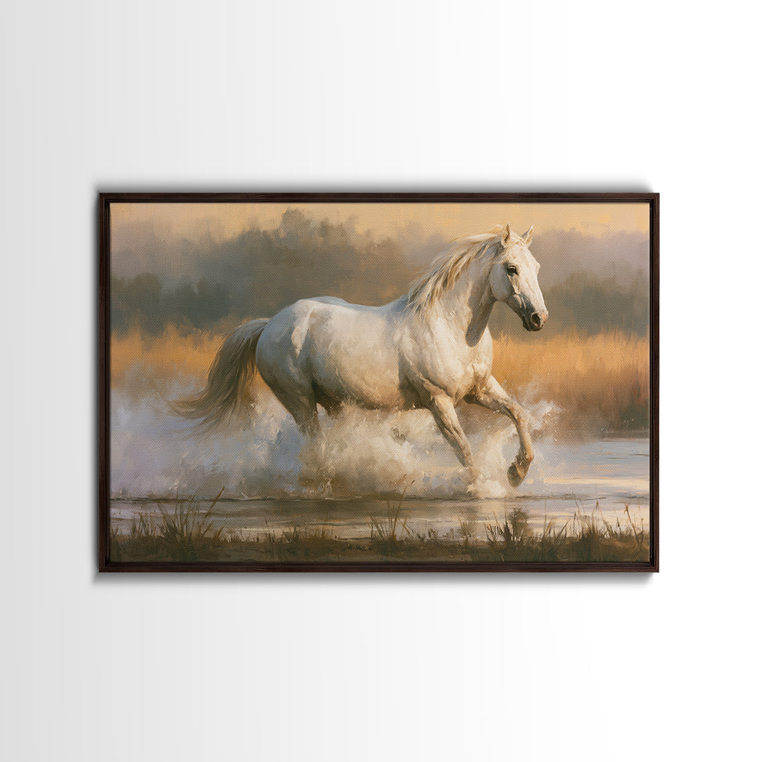 White Horse Running Through Shallow Water Canvas Print, Equestrian Art, Cabin Decor, Living Room Decor, Fine Art, Equestrian, EQU-3x2-57