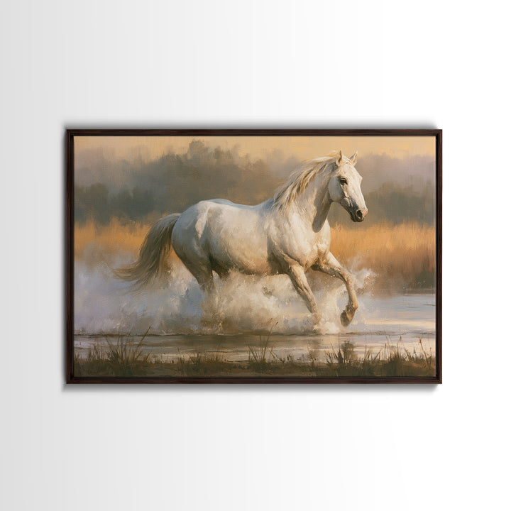 White Horse Running Through Shallow Water Canvas Print, Equestrian Art, Cabin Decor, Living Room Decor, Fine Art, Equestrian, EQU-3x2-57