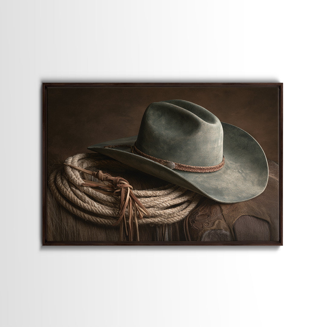 Cowgirl Hat and Reins Still Life Framed Canvas Print, Equestrian Art, Fine Art Print, Living Room Decor, Fine Art, Equestrian, EQU-3x2-87