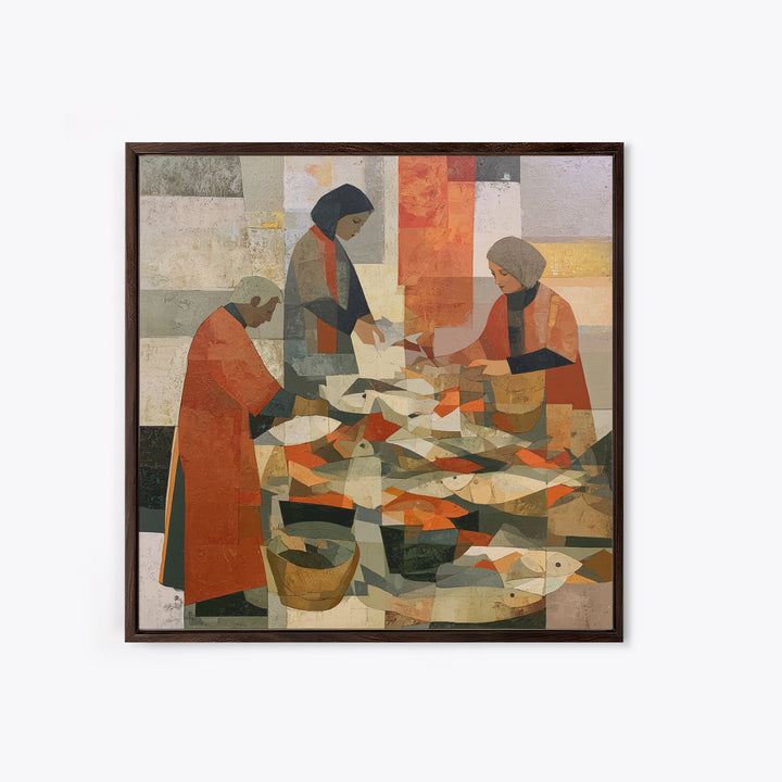 Fish Market Scene Framed Canvas Print, Expressionist Art, Minimalist Wall Art, Living Room Decor, Fine Art, Expression, EXP-1x1-46