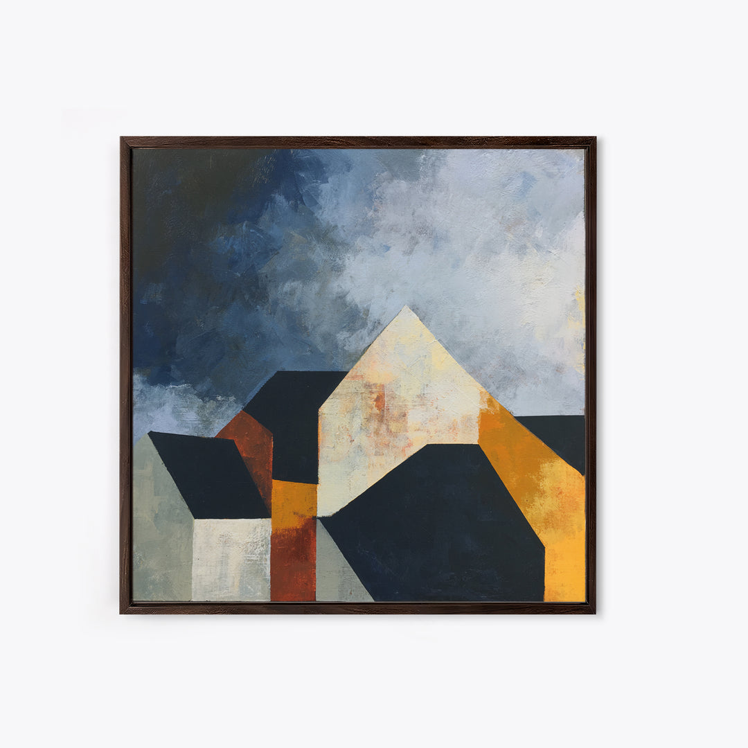 Storm Clouds Above Sharp Black Rooftops Framed Canvas Print, Expressionist Art, Neutral Decor, Living Room Decor, Expression, EXP-1x1-63