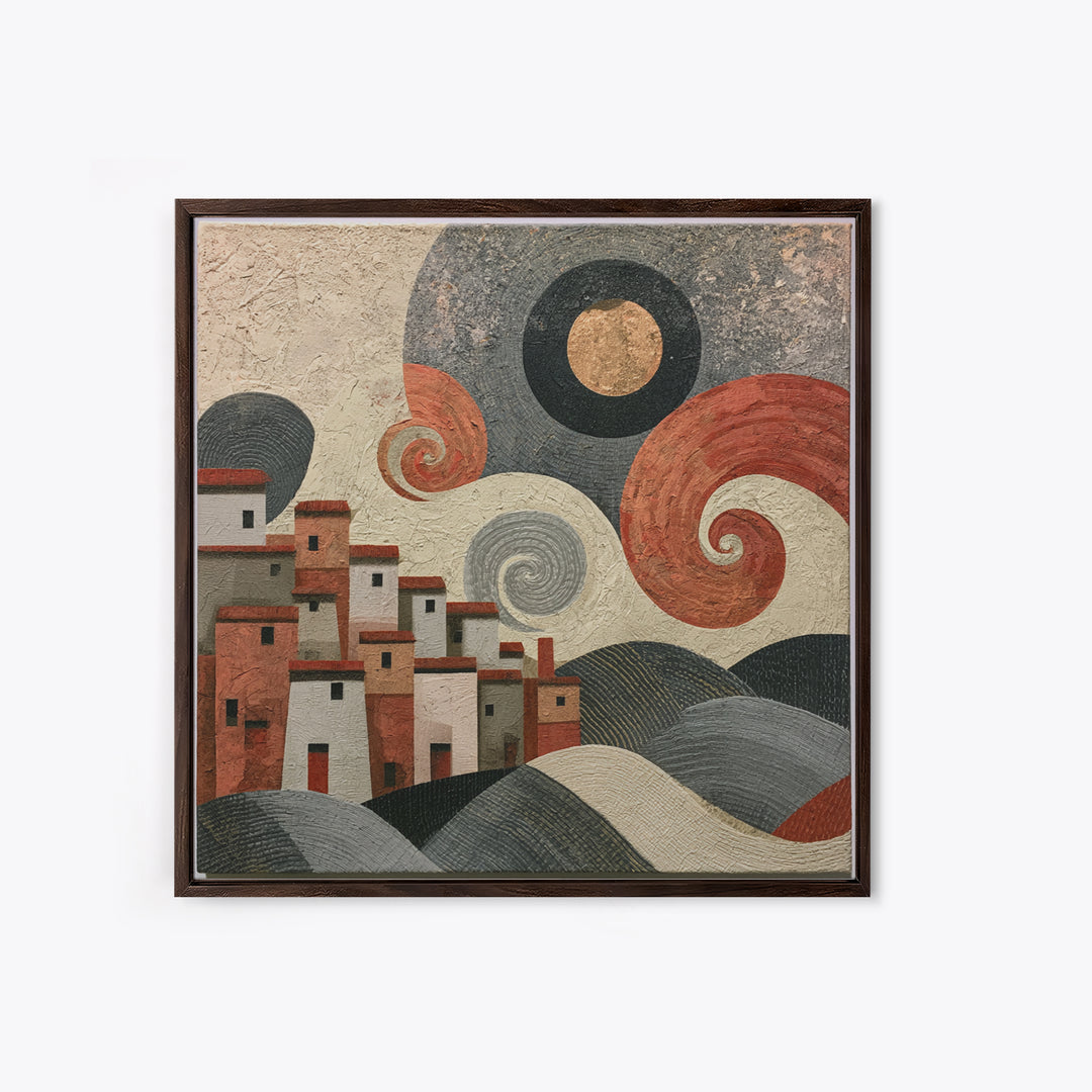 Moonlit Village with Swirling Unnatural Color Canvas Print, Expressionist Art, Moody Wall Art, Living Room Decor, Expression, EXP-1x1-84