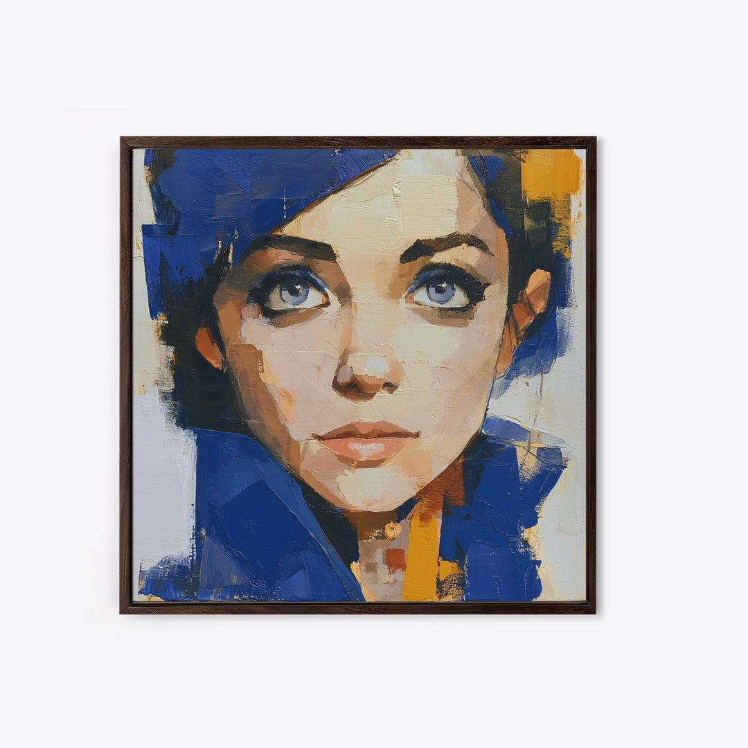 Woman in Blue with Dramatic Expressive Eyes Canvas Print, Expressionist Art, Minimalist Decor, Living Room Decor, Expression, EXP-1x1-88