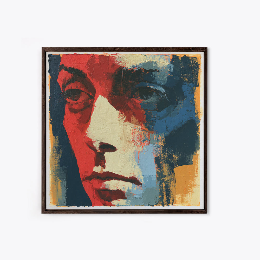 Emotional Portrait with Bold Red and Blue Canvas Print, Expressionist Art, Textured Painting, Living Room Decor, Expression, EXP-1x1-98