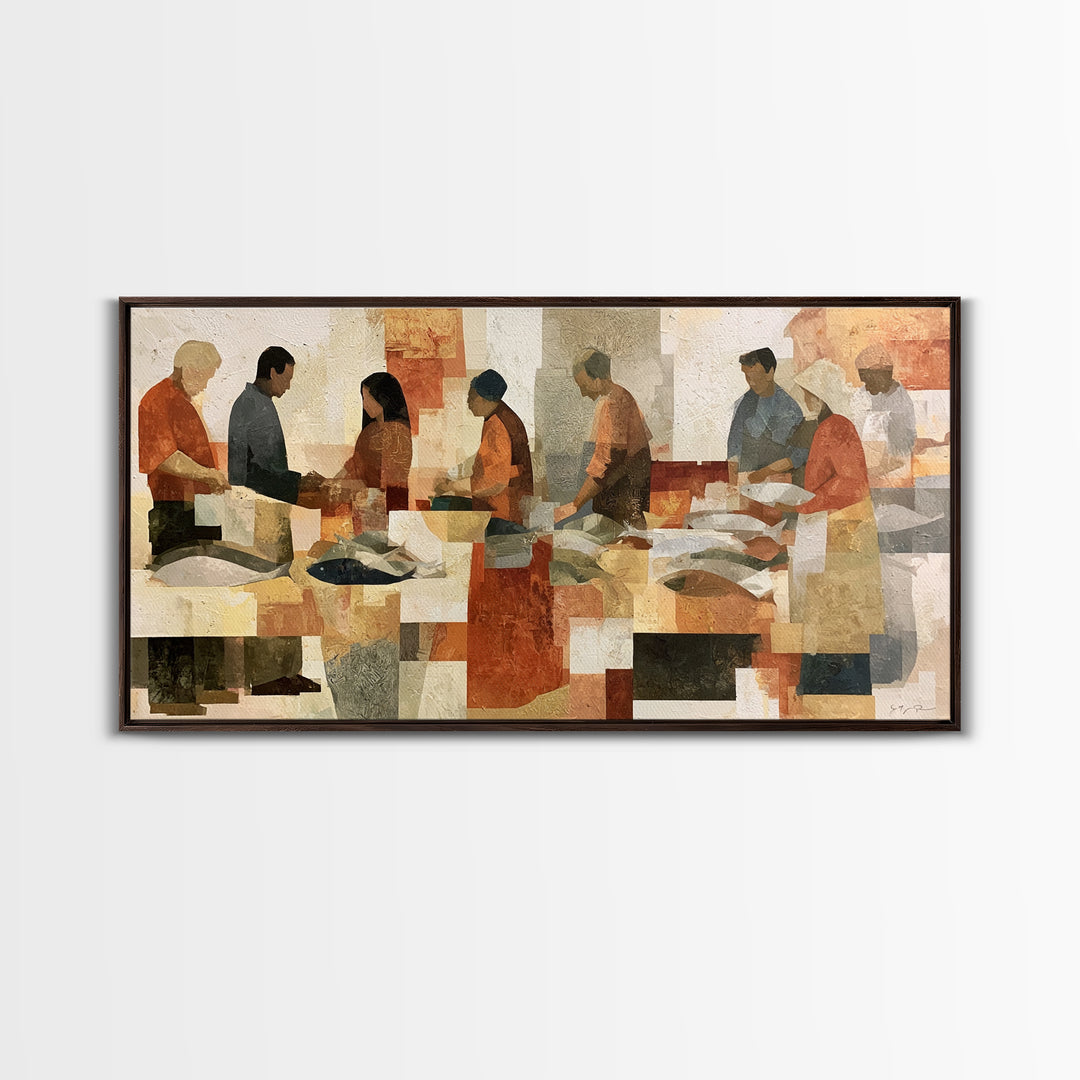 Fish Market Scene Framed Canvas Print, Expressionist Art, Room Decor, Living Room Decor, Abstract Art, Expression, EXP-2x1-18