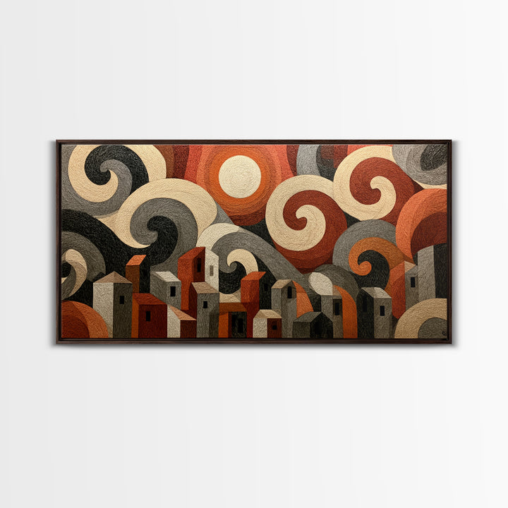 Moonlit Village with Swirling Unnatural Color Framed Canvas Print, Expressionist Art, Art Print, Living Room Decor, Expression, EXP-2x1-56