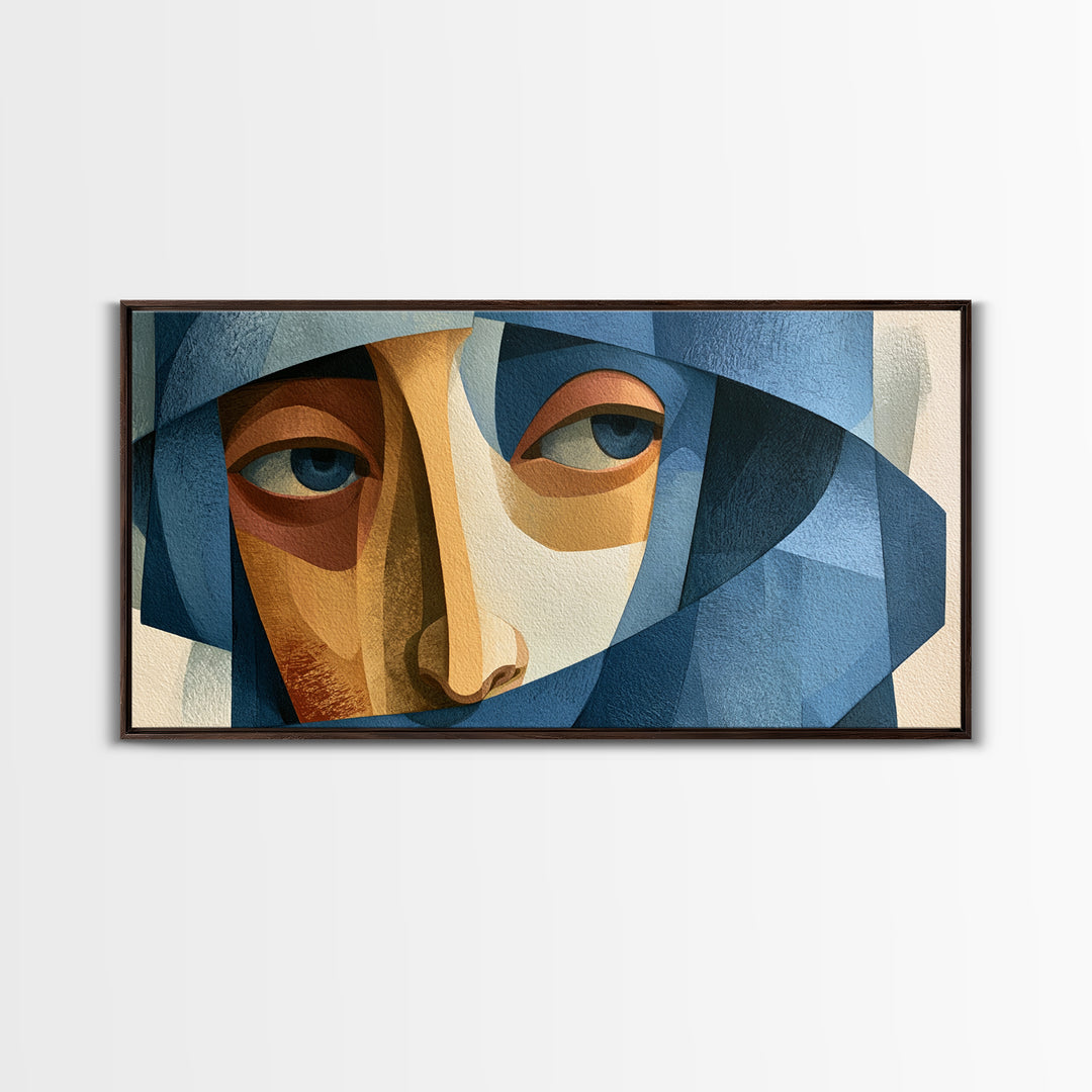 Woman in Blue with Dramatic Expressive Eyes Framed Canvas Print, Expressionist Art, Digital Art, Living Room Decor, Expression, EXP-2x1-60