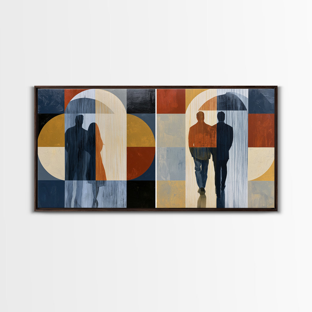 Couple Walking Through Rain Framed Canvas Print, Expressionist Art, Large Wall Art, Living Room Decor, Fine Art, Expression, EXP-2x1-91