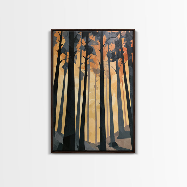 Dark Forest with Angular Trees and Yellow Canvas Print, Expressionist Art, Living Room Decor, Expression, Moody Wall Art, EXP-2x3-38