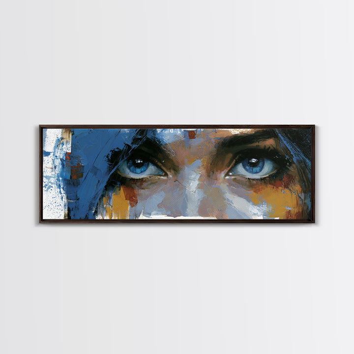 Woman in Blue with Dramatic Expressive Eyes Canvas Print, Expressionist Art, Colorful Wall Art, Living Room Decor, Expression, EXP-3x1-32
