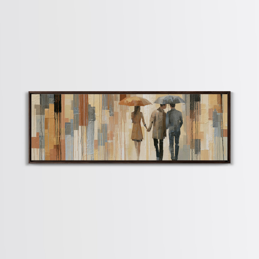 Couple Walking Through Rain Framed Canvas Print, Expressionist Art, Large Wall Art, Living Room Decor, Fine Art, Expression, EXP-3x1-87