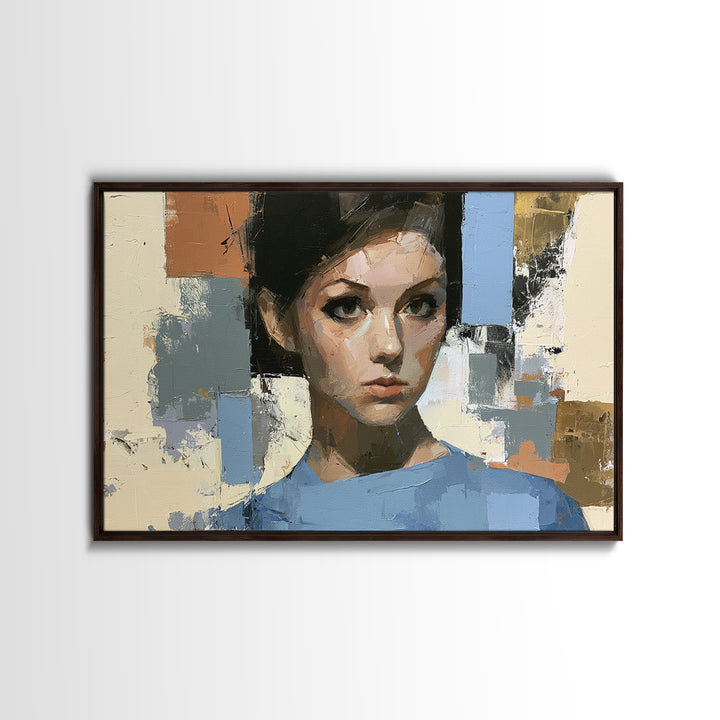 Woman in Blue with Dramatic Expressive Eyes Canvas Print, Expressionist Art, Colorful Wall Art, Living Room Decor, Expression, EXP-3x2-44