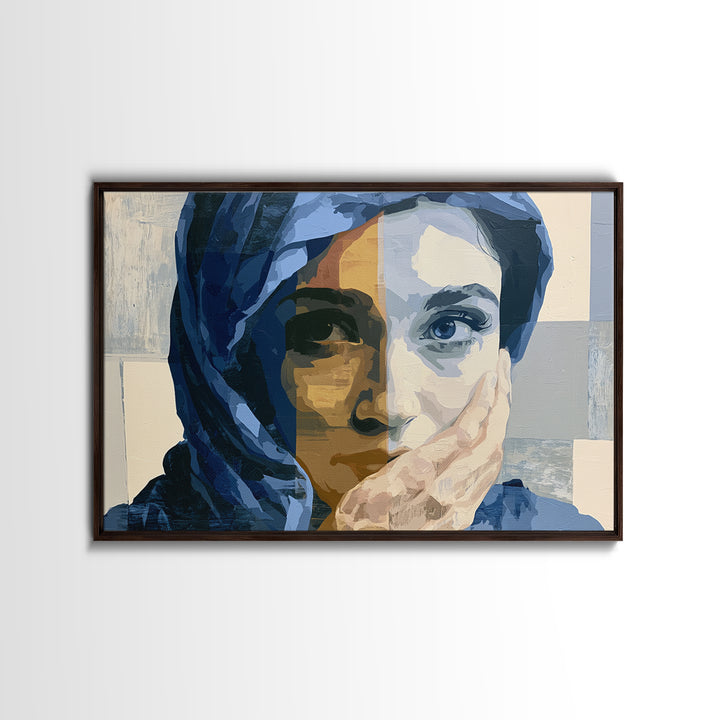 Woman in Blue with Dramatic Expressive Eyes Framed Canvas Print, Expressionist Art, Painting, Living Room Decor, Expression, EXP-3x2-92