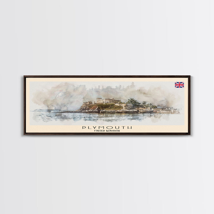 Plymouth United Kingdom Panoramic Travel Poster, Framed Canvas Print or Metal Wall Art, Travel Art, Home Decor, Panoramic Painting, Midcentury Art