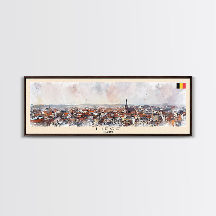 Liege Belgium Panoramic Travel Poster, Framed Canvas Print or Metal Wall Art, Travel Art, Home Decor, Panoramic Painting, Midcentury Art