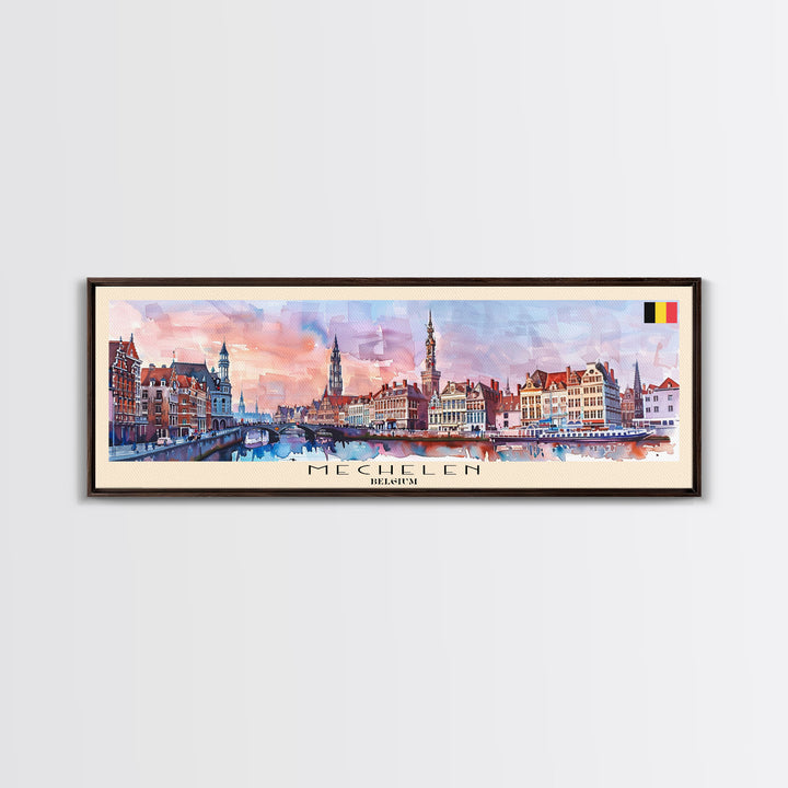 Mechelen Belgium Panoramic Travel Poster, Framed Canvas Print or Metal Wall Art, Travel Art, Home Decor, Panoramic Painting, Midcentury Art