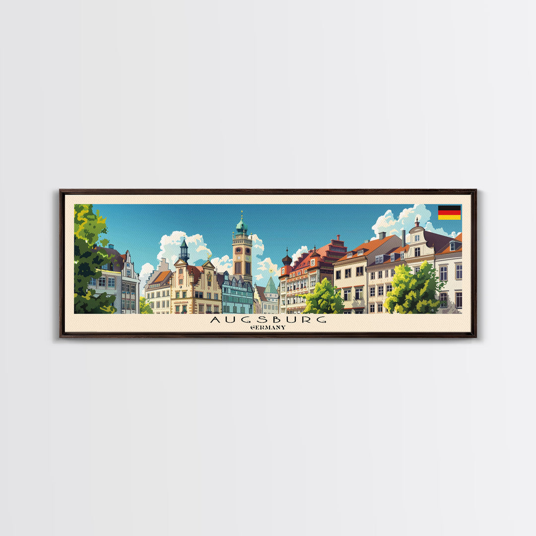 Augsburg Germany Panoramic Travel Poster, Framed Canvas Print or Metal Wall Art, Travel Art, Home Decor, Panoramic Painting, Midcentury Art