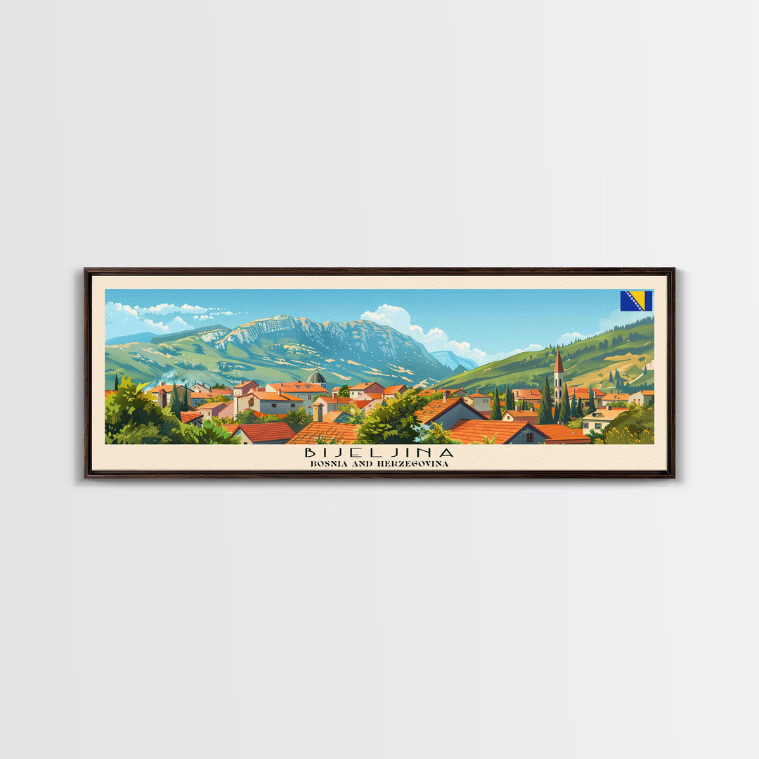 Bijeljina Bosnia Panoramic Travel Poster, Framed Canvas Print or Metal Wall Art, Travel Art, Home Decor, Panoramic Painting, Midcentury Art