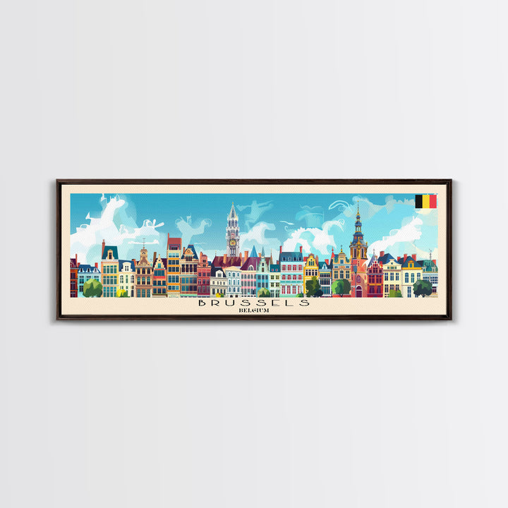Brussels Belgium Panoramic Travel Poster, Framed Canvas Print or Metal Wall Art, Travel Art, Home Decor, Panoramic Painting, Midcentury Art