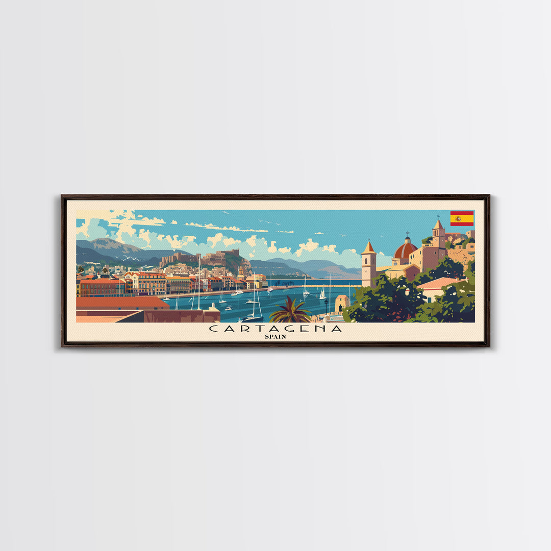 Cartagena Spain Panoramic Travel Poster, Framed Canvas Print or Metal Wall Art, Travel Art, Home Decor, Panoramic Painting, Midcentury Art