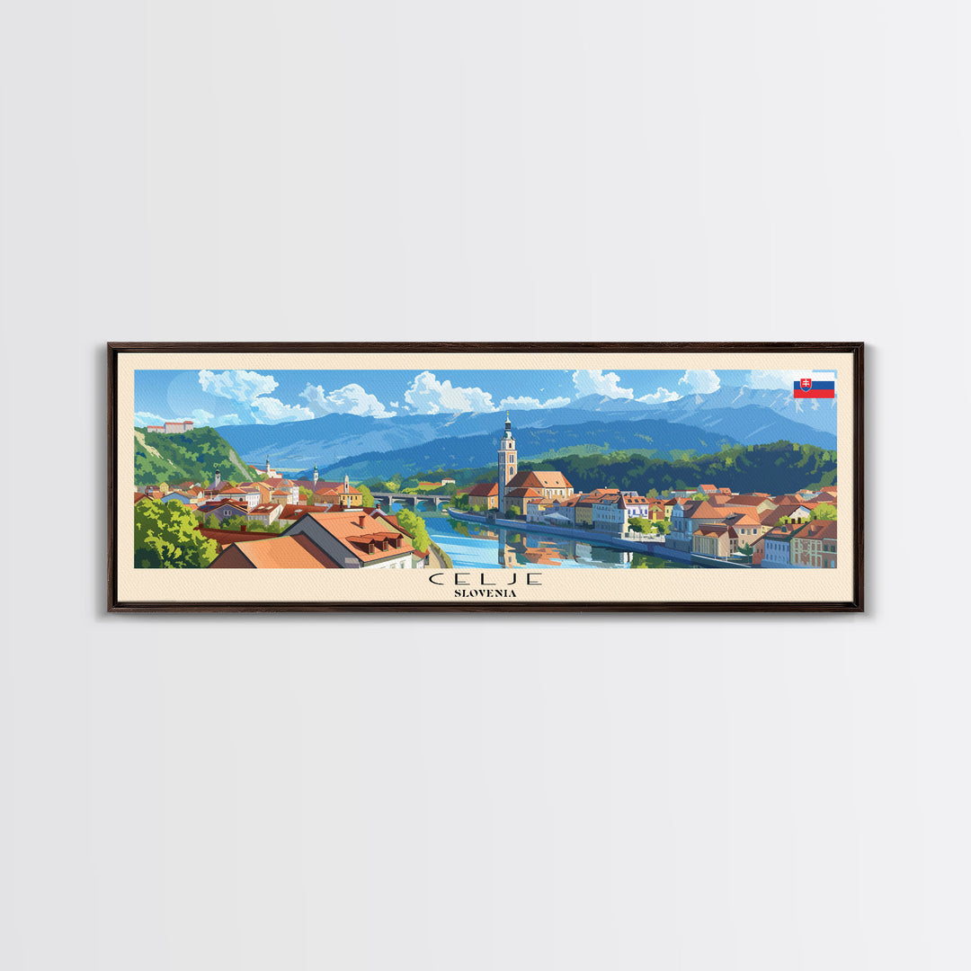 Celje Slovenia Panoramic Travel Poster, Framed Canvas Print or Metal Wall Art, Travel Art, Home Decor, Panoramic Painting, Midcentury Art